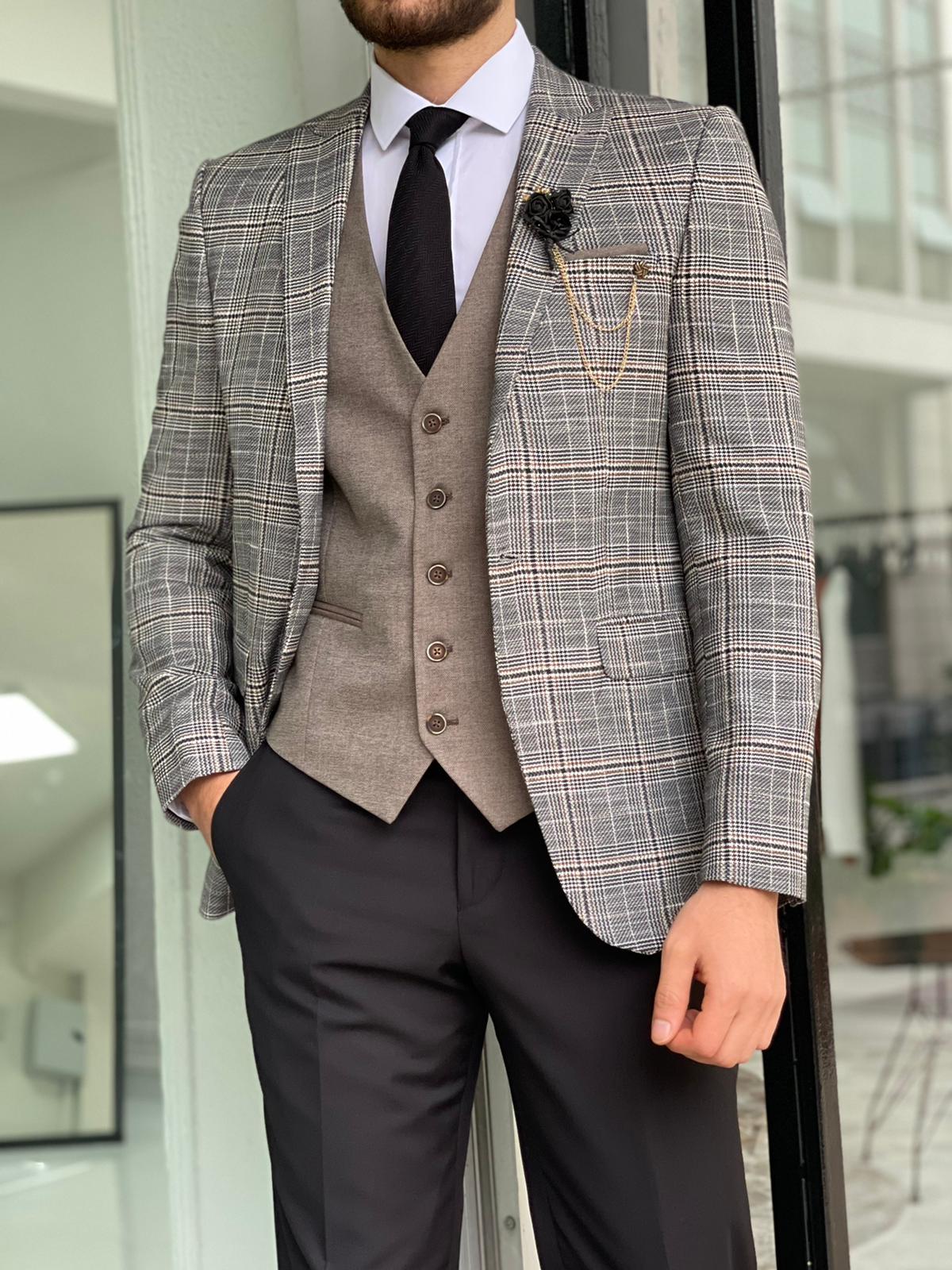 Argo Gray Slim Fit Peak Lapel Plaid Wool Suit