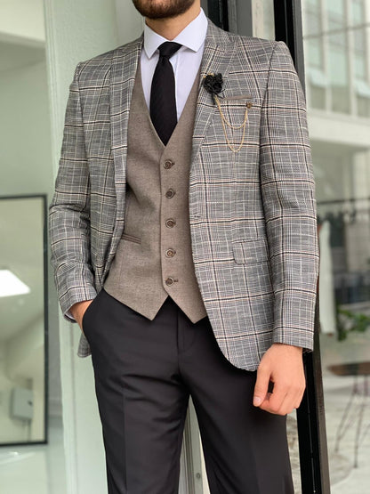 Argo Gray Slim Fit Peak Lapel Plaid Wool Suit