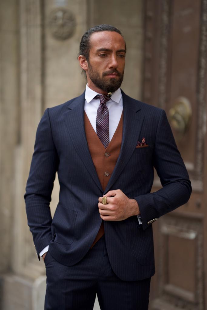 Sorento Dark Blue Slim Fit Pinstripe Combination Suit