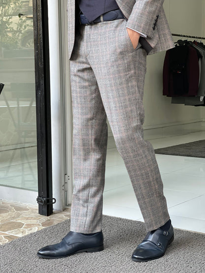 Toros Beige Slim Fit Notch Lapel Plaid Wool Suit