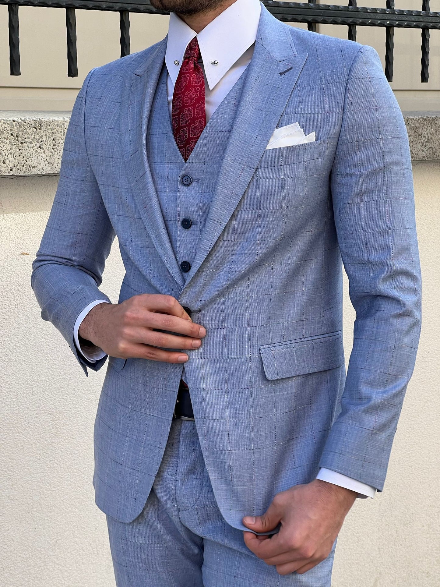 Edmond Blue Peak Lapel Plaid Wool Suit