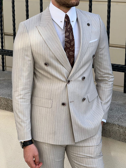 Edmond Beige Double Breasted Pinstripe Wool Suit