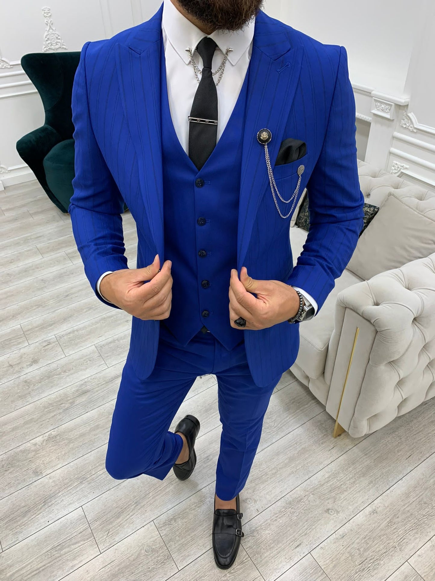 Barrua Blue Slim Fit Peak Lapel Striped Suit