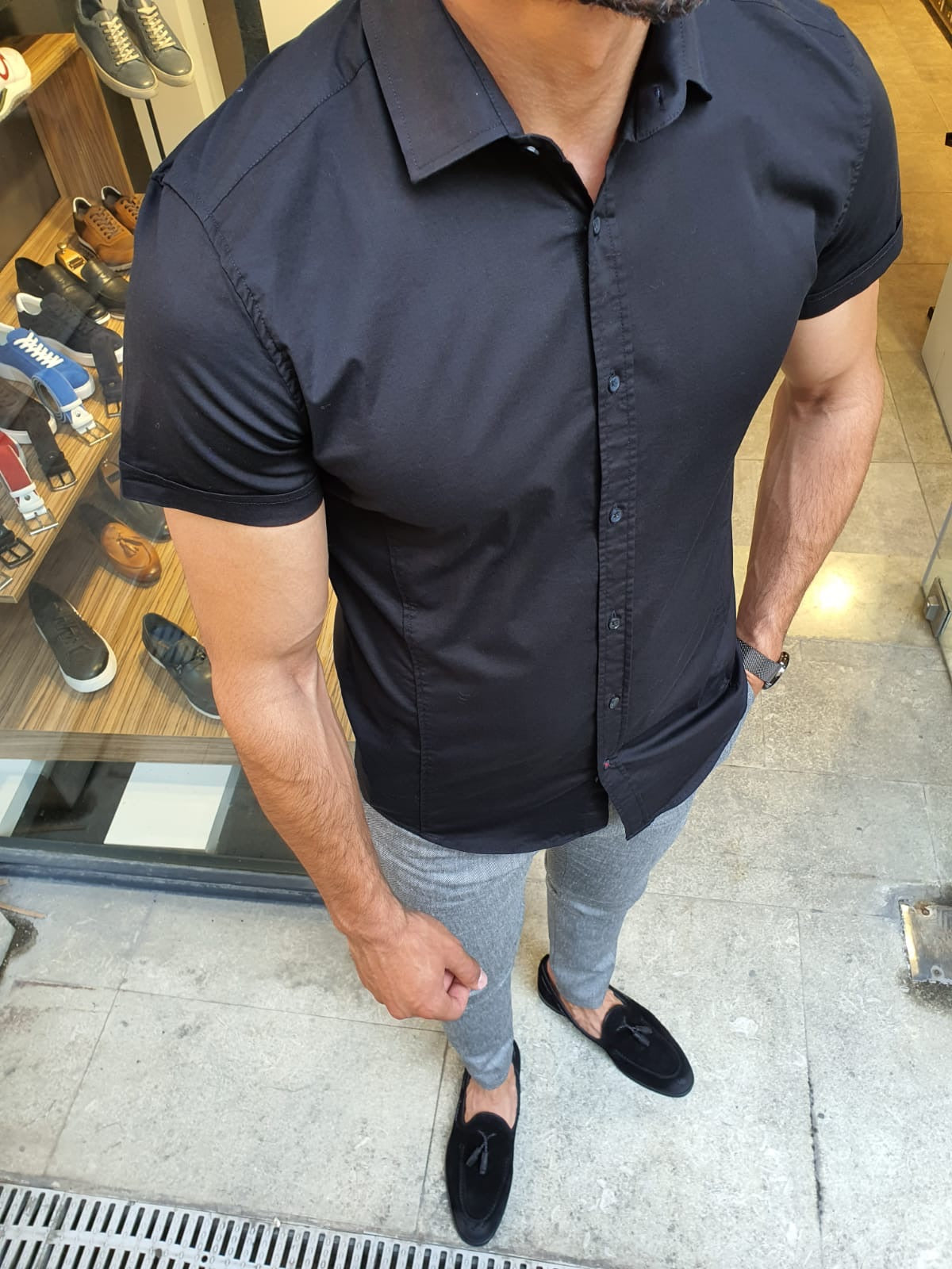 Mens black fitted 2025 short sleeve shirt