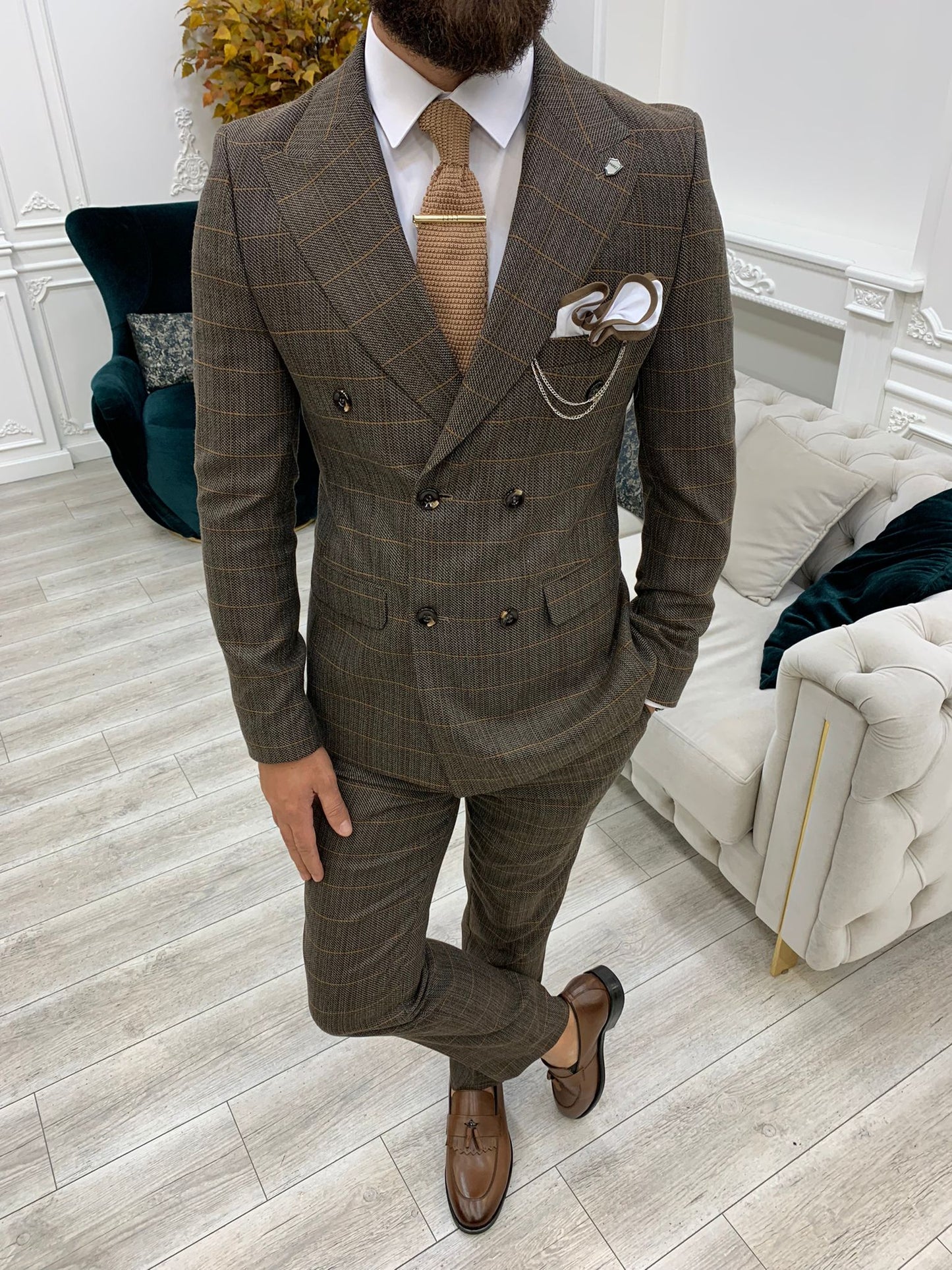 Rosario Brown Slim Fit Double Breasted Plaid Suit