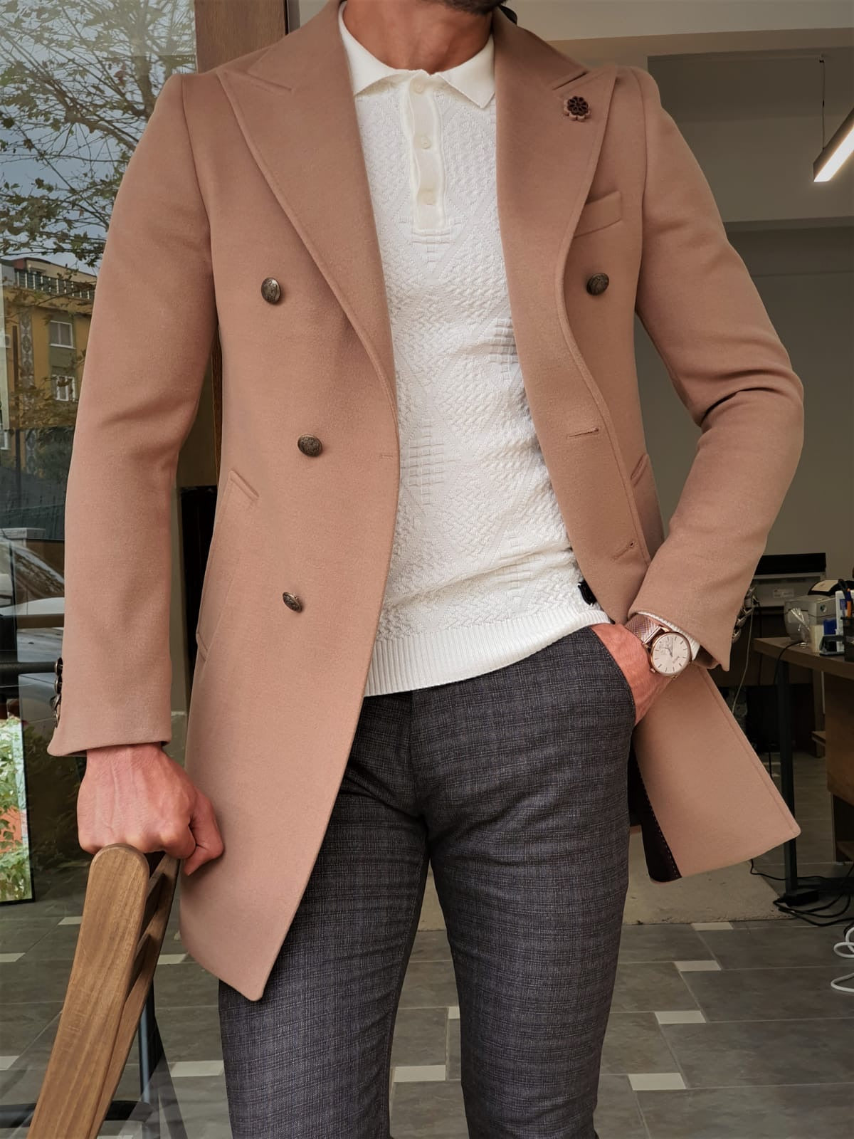 Henderson Beige Slim Fit Wool Long Coat