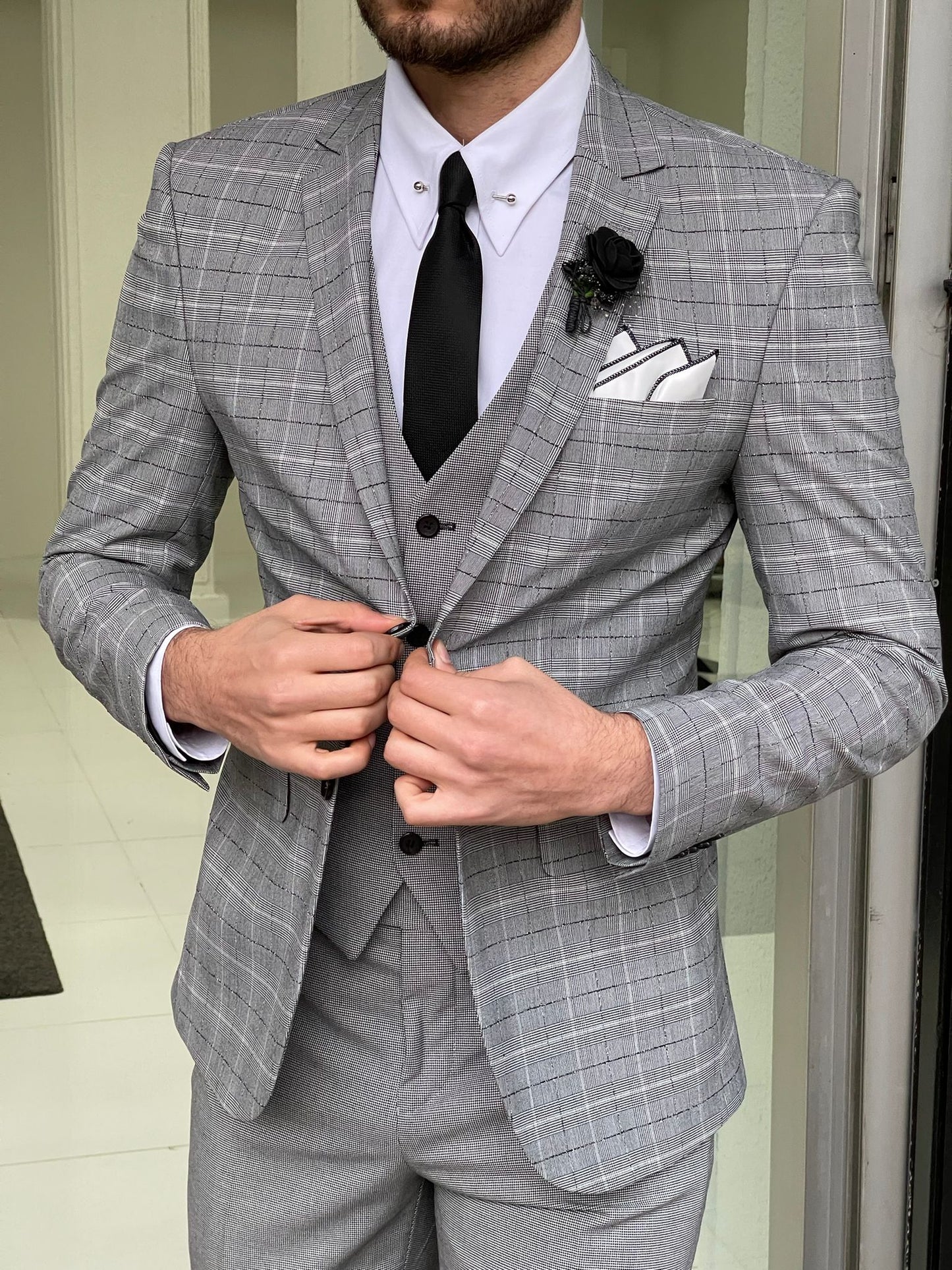 Hazel Gray Slim Fit Peak Lapel Plaid Wool Suit