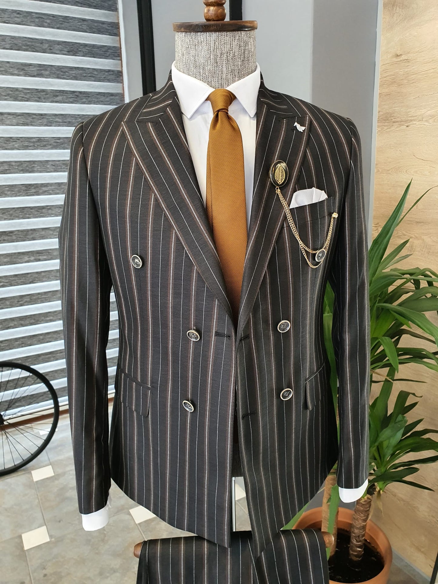 Berton Black Slim Fit Double Breasted Pinstripe Suit