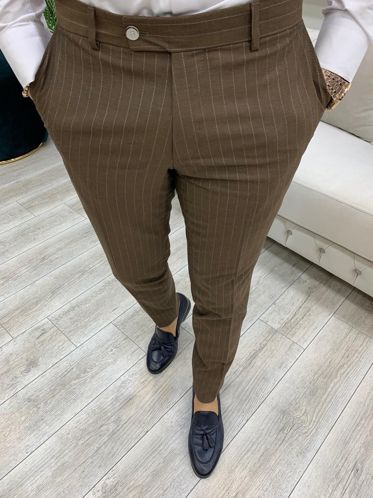 Milano Brown Slim Fit Double Breasted Pinstripe Suit