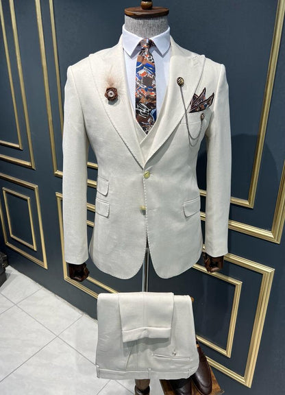 Bensen Slim Fit Double Pocket Beige Detailed Suit