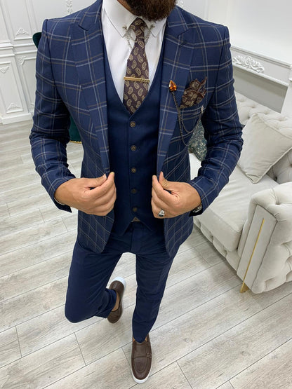 Olympia Navy Blue Slim Fit Peak Lapel Plaid Suit