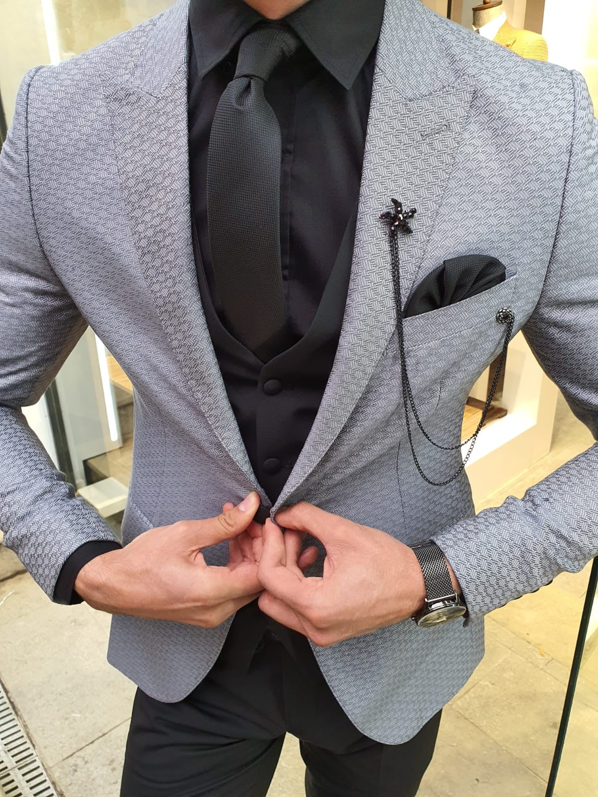 VillaNova Gray Slim Fit Patterned Suit