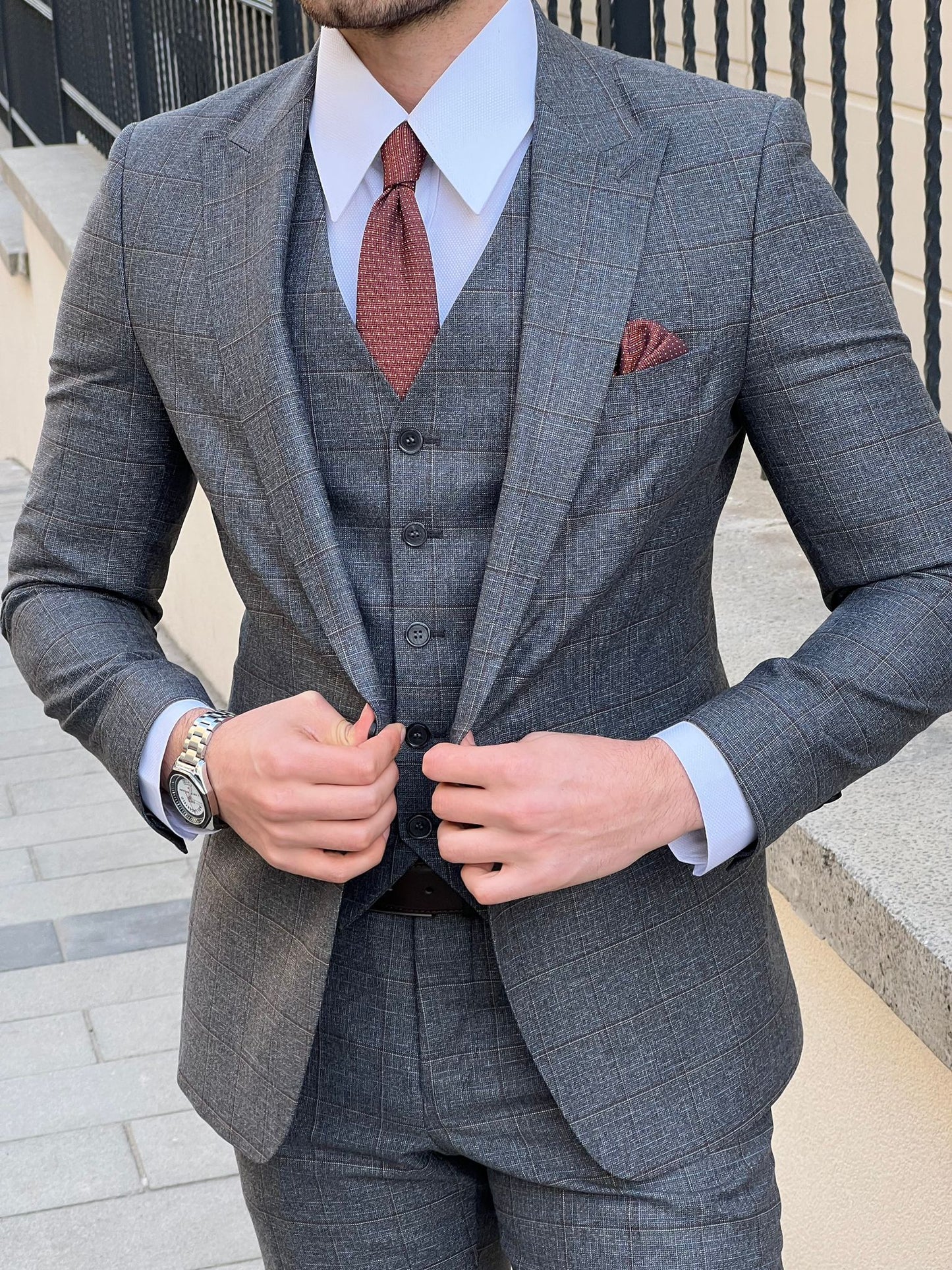 Edmond Smoked Slim Fit Peak Lapel Plaid Wool Suit