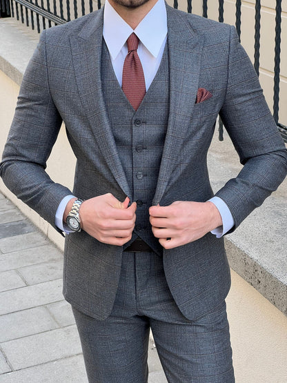 Edmond Smoked Slim Fit Peak Lapel Plaid Wool Suit