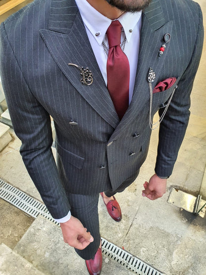 Olympia Black Slim Fit Double Breasted Pinstripe Suit