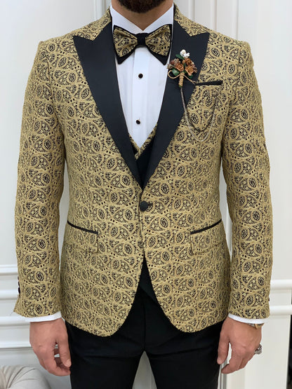 Caesar Golden Slim Fit Peak Lapel Floral Patterned Tuxedo