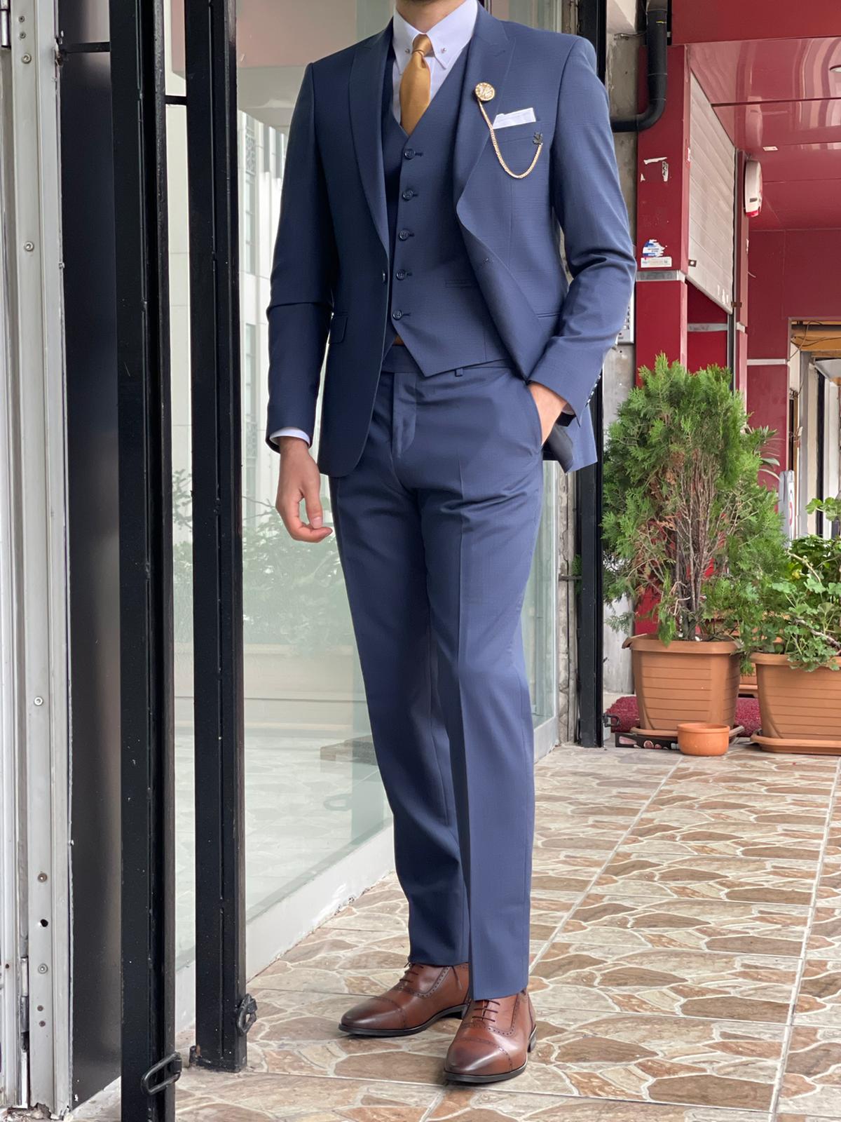 Davis Indigo Slim Fit Peak Lapel Plaid Wool Suit