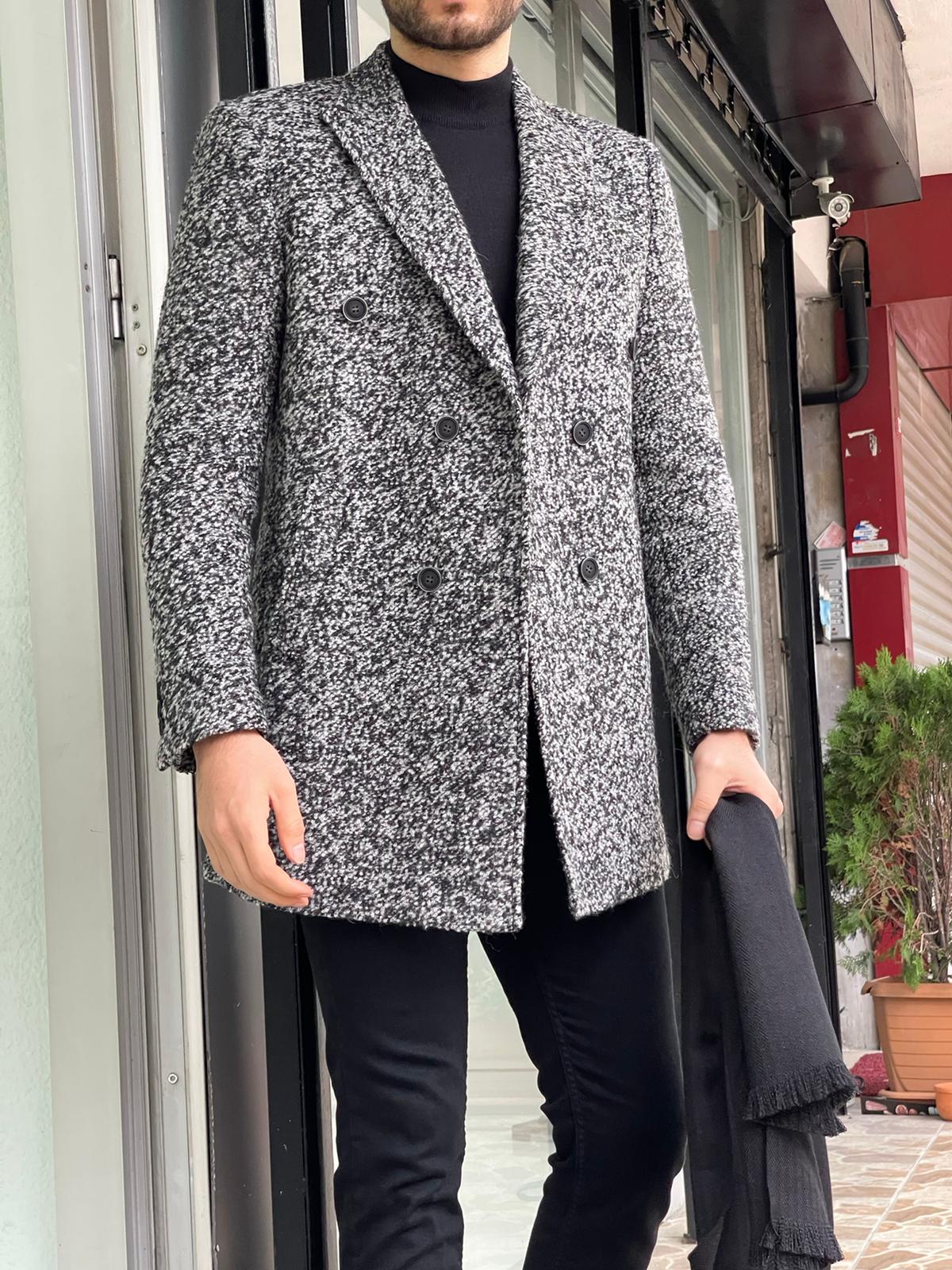 Davis Gray Patterned Double-Breasted Wool Coat