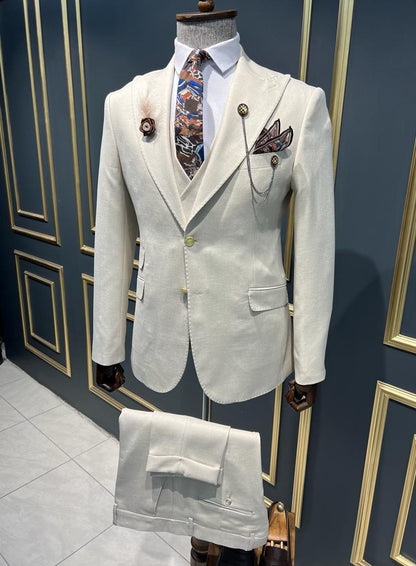 Bensen Slim Fit Double Pocket Beige Detailed Suit