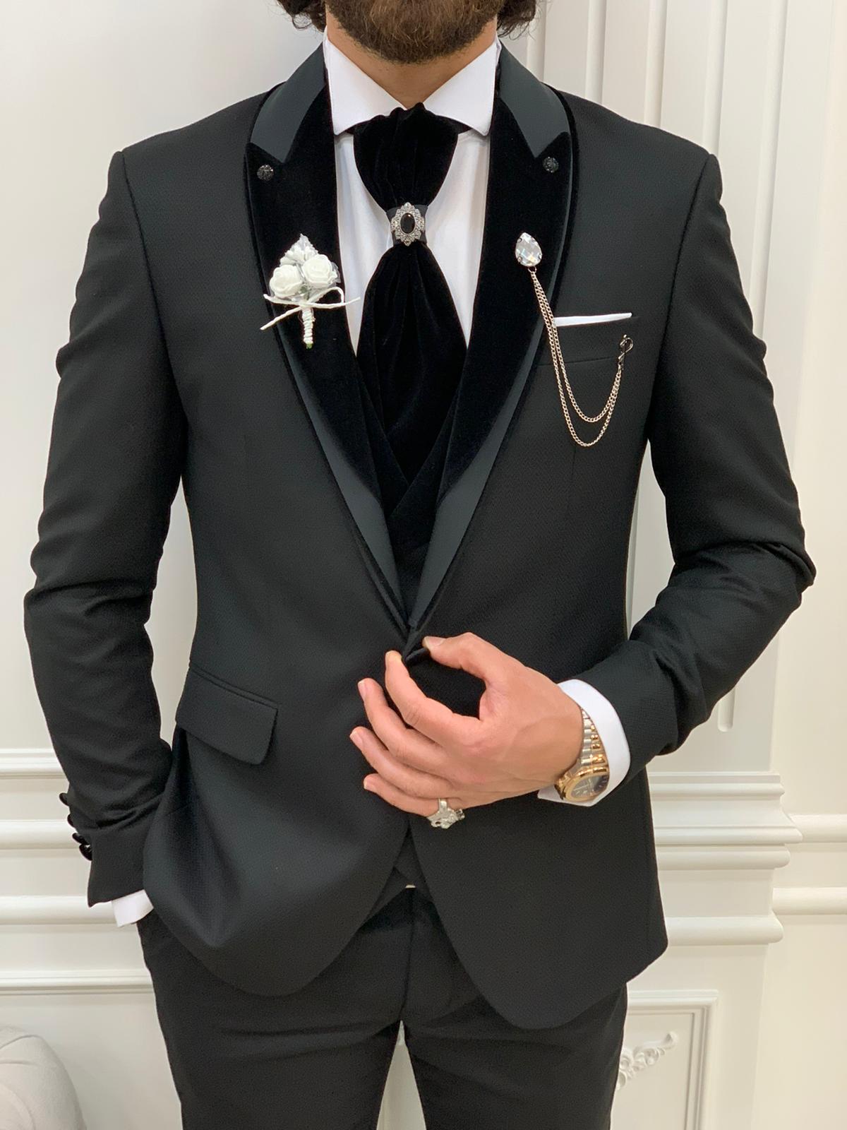 Forte Black Slim Fit Velvet Peak Lapel Wedding Suit