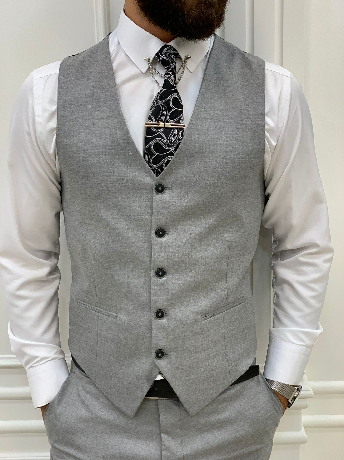 Olympia Dark Gray Slim Fit Peak Lapel Plaid Suit