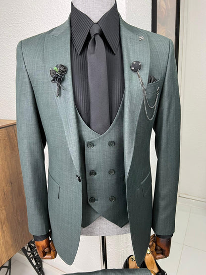 Veneta Slim Fit High Quality Self-Patterned Green Suit