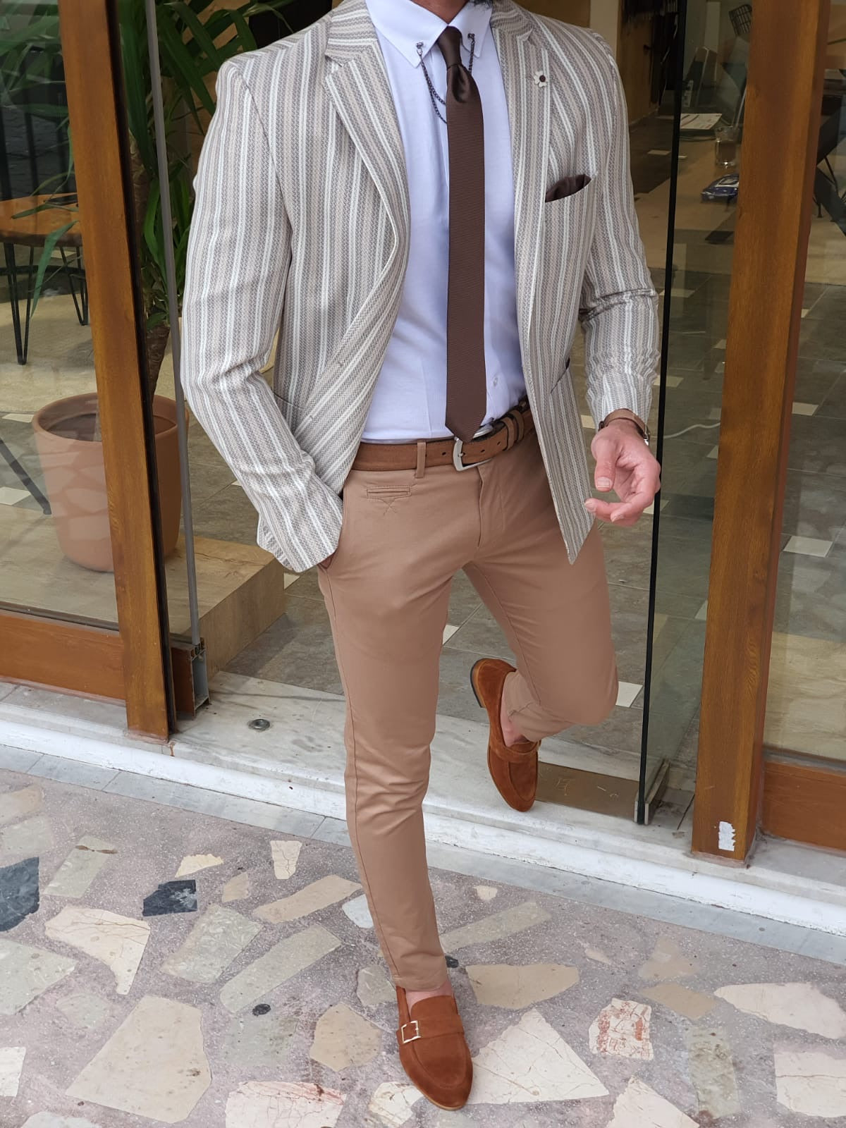 Montreal White Slim Fit Striped Blazer – BRABION