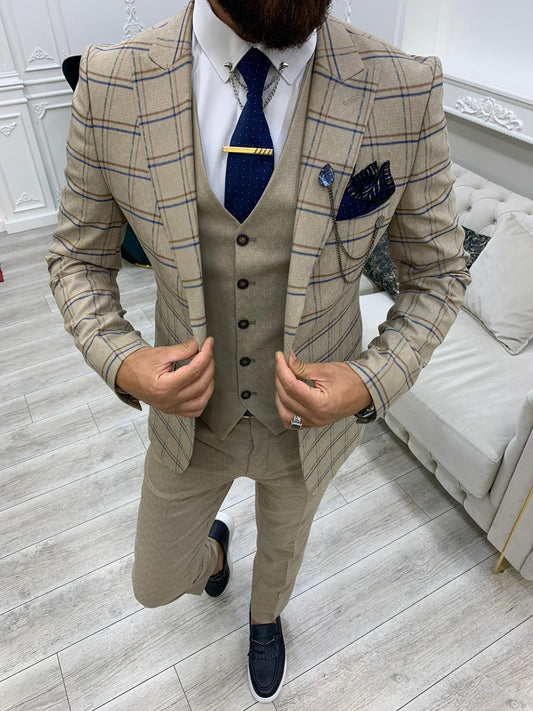 Olympia Cream Slim Fit Peak Lapel Plaid Suit