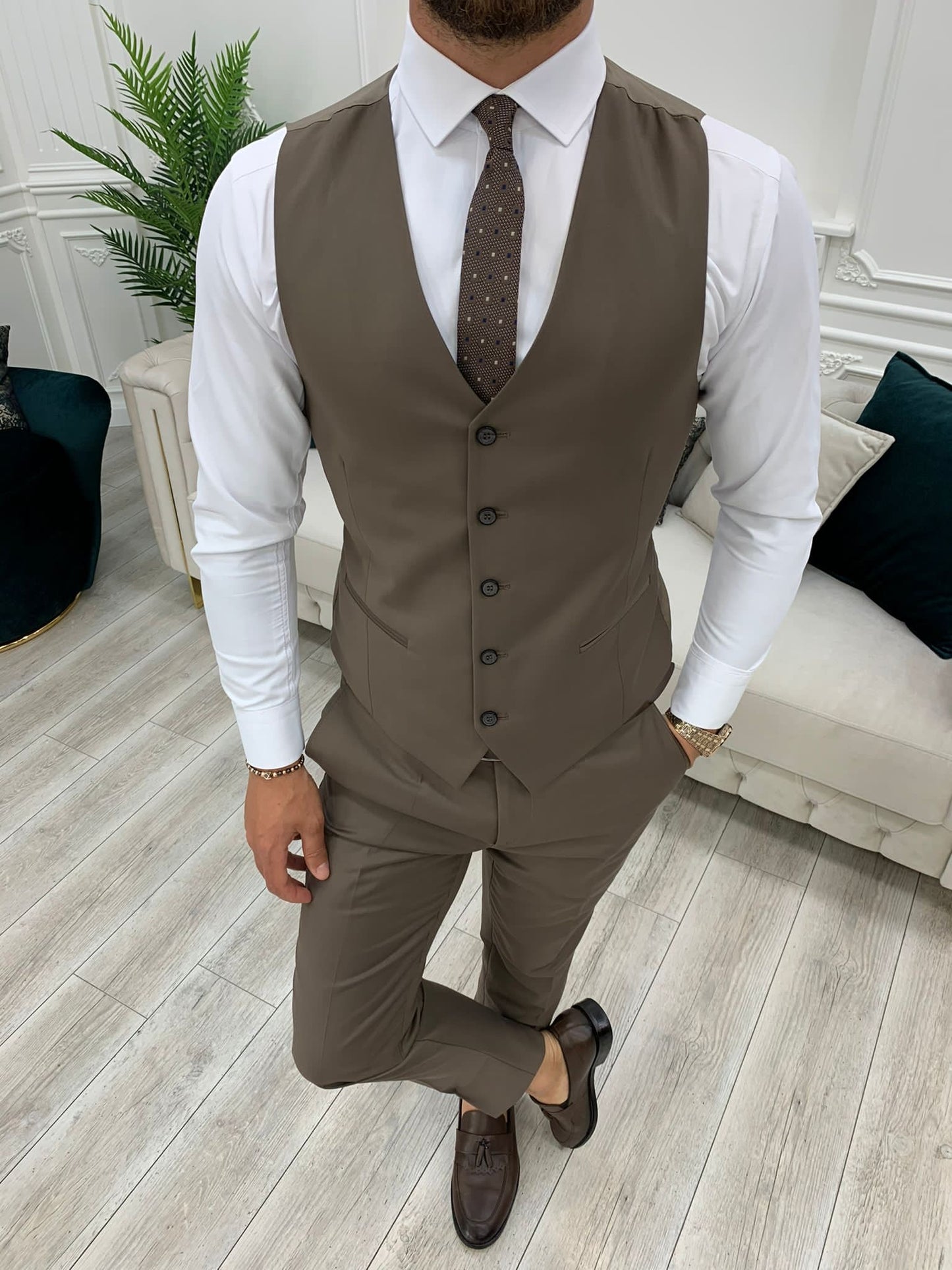 Lance Coffee Slim Fit Three-Piece Suit