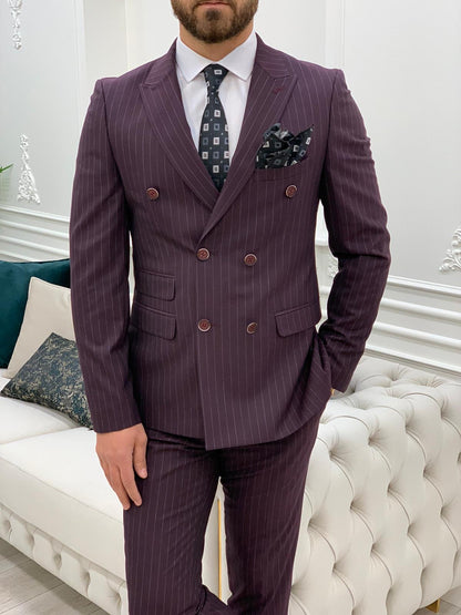 Milano Burgundy Slim Fit Double Breasted Pinstripe Suit