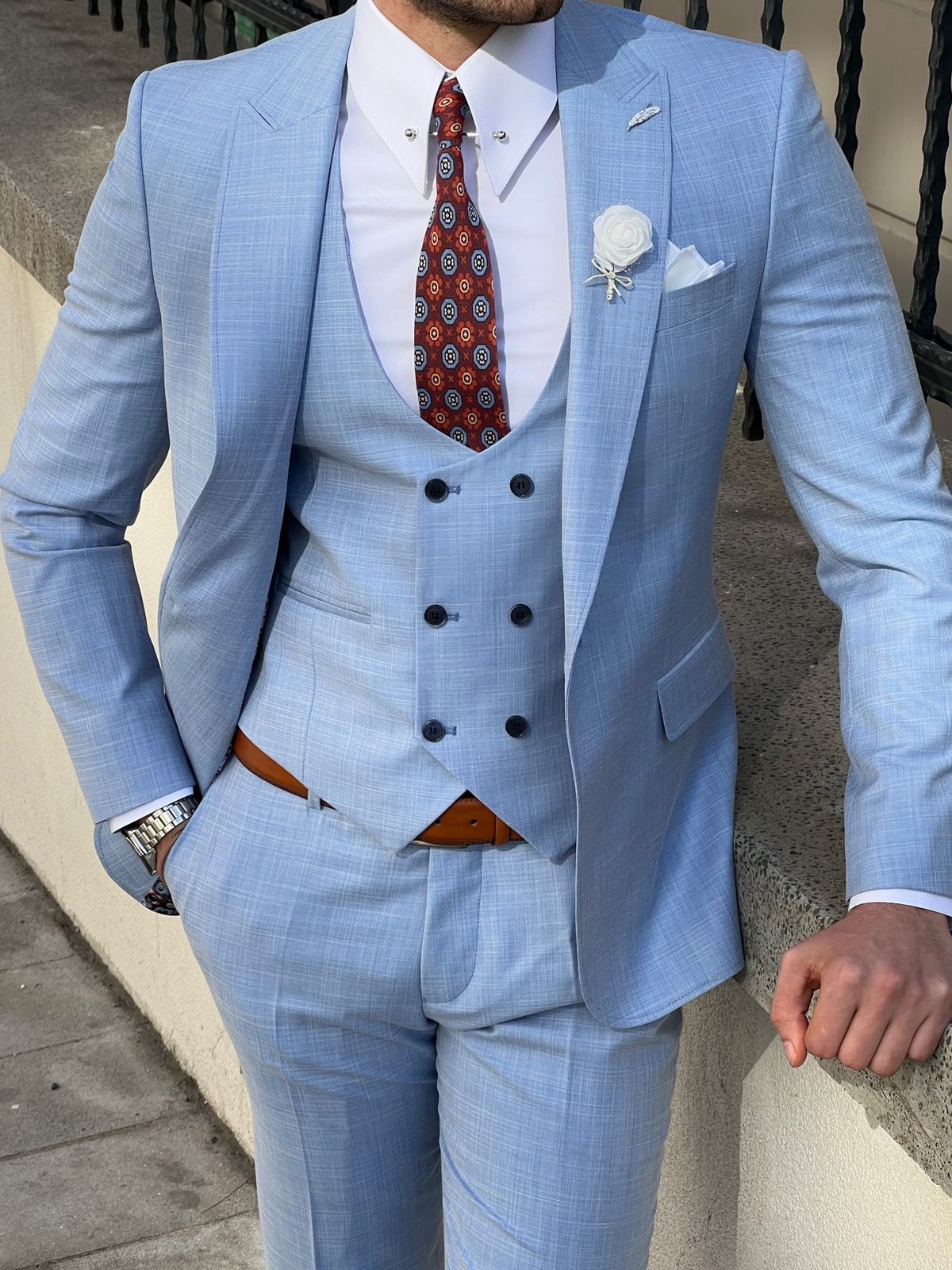 Edmond Sky Blue Slim Fit Peak Lapel Wool Suit