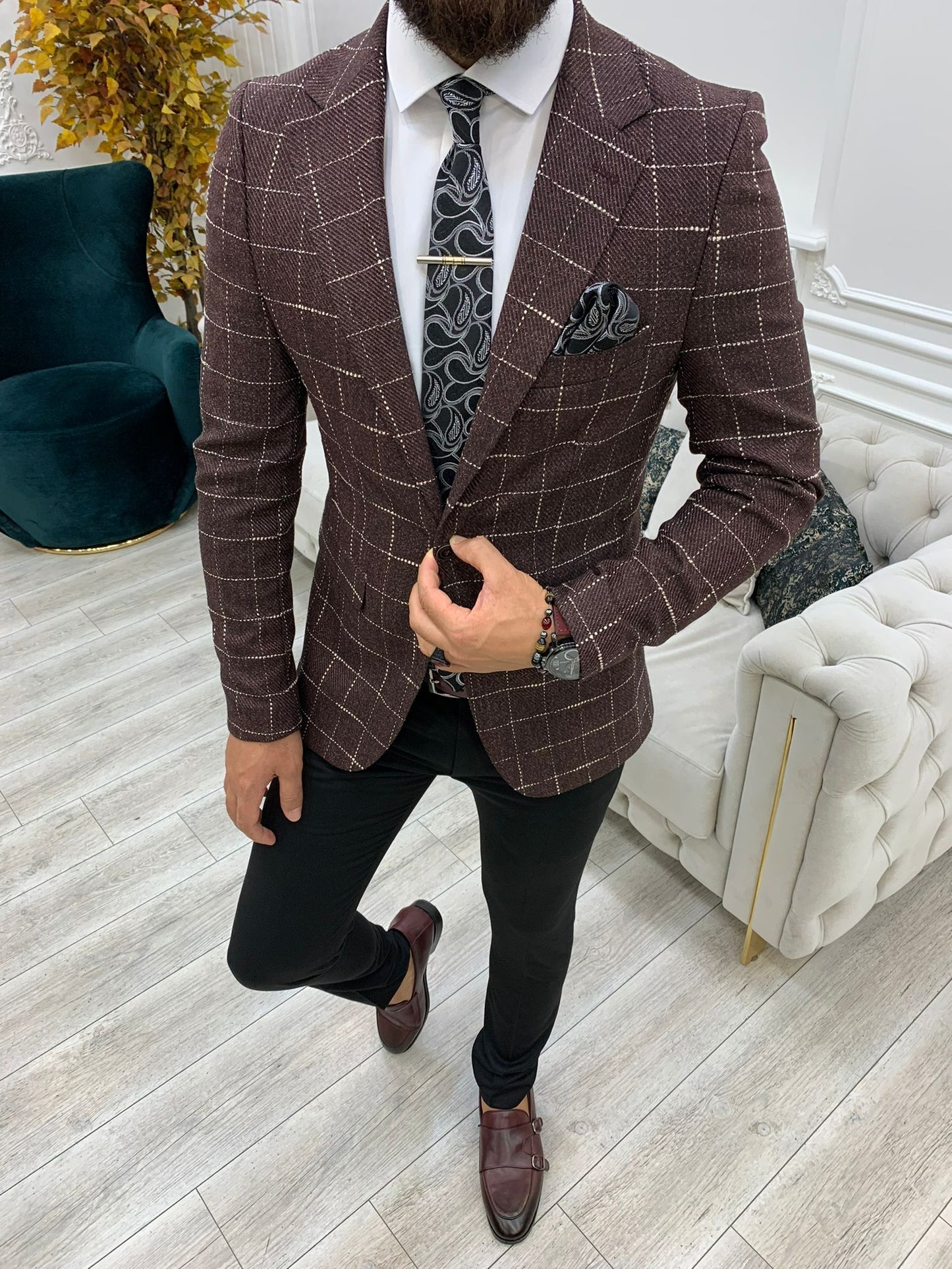 Serra Burgundy Slim Fit Plaid Blazer