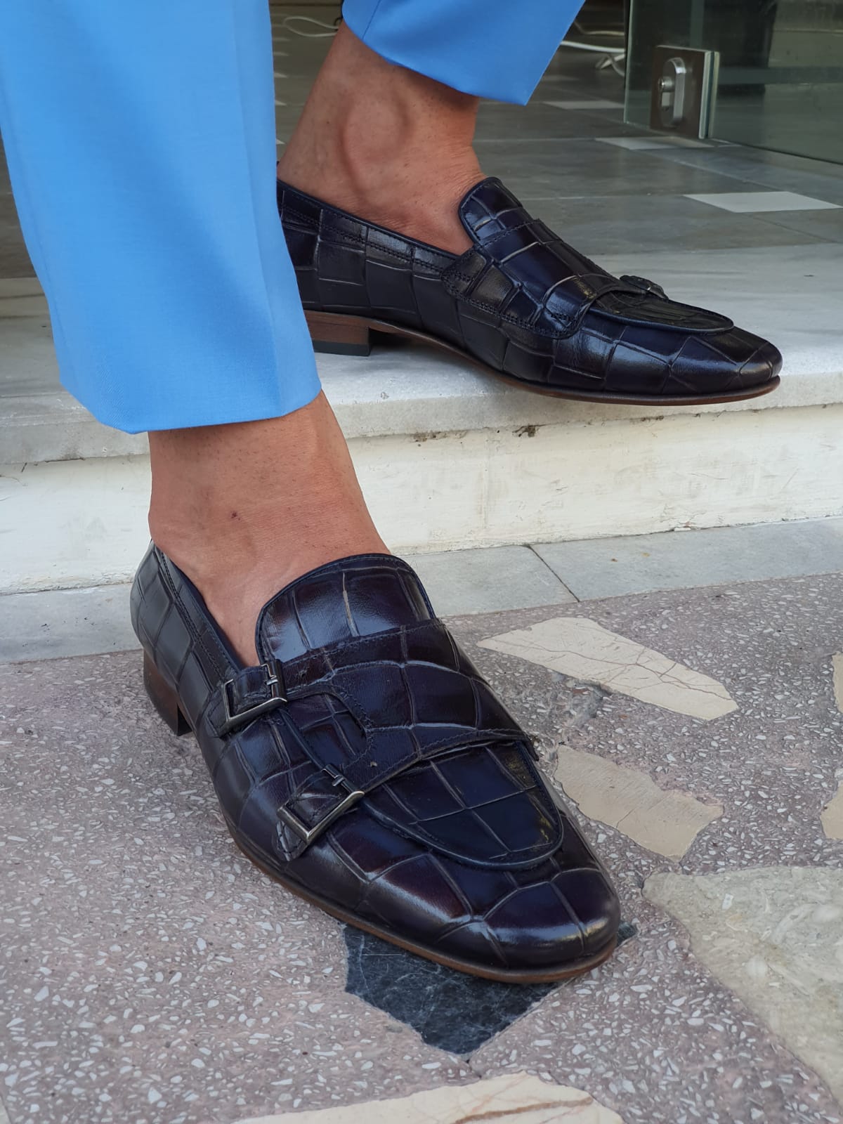 Livorno Navy Blue Double Monk Strap Loafers