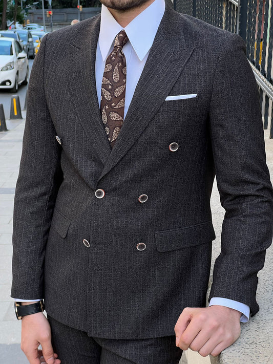 Edmond Black Double Breasted Pinstripe Wool Suit