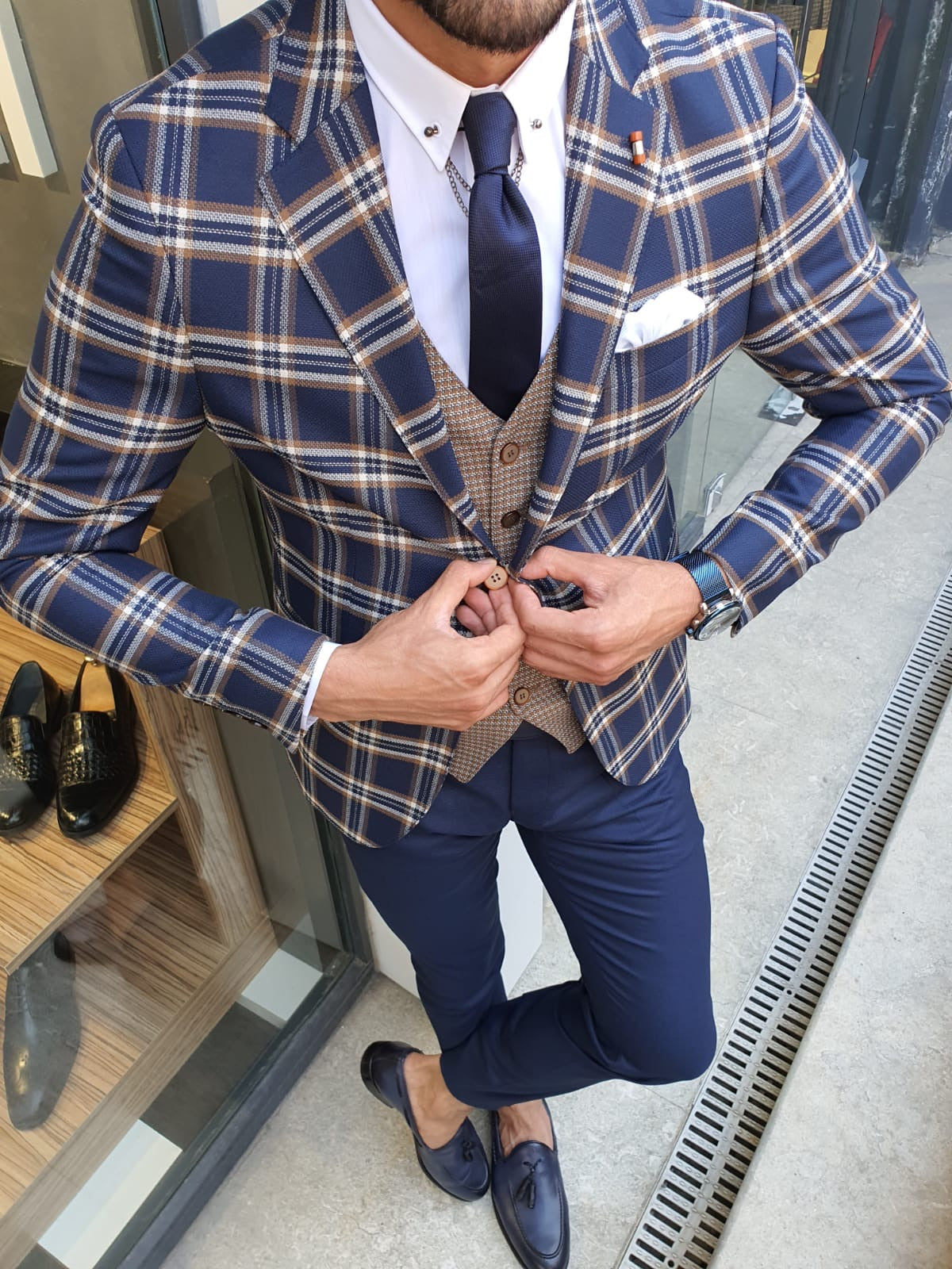 Bellingham Indigo Slim Fit Plaid Check Suit