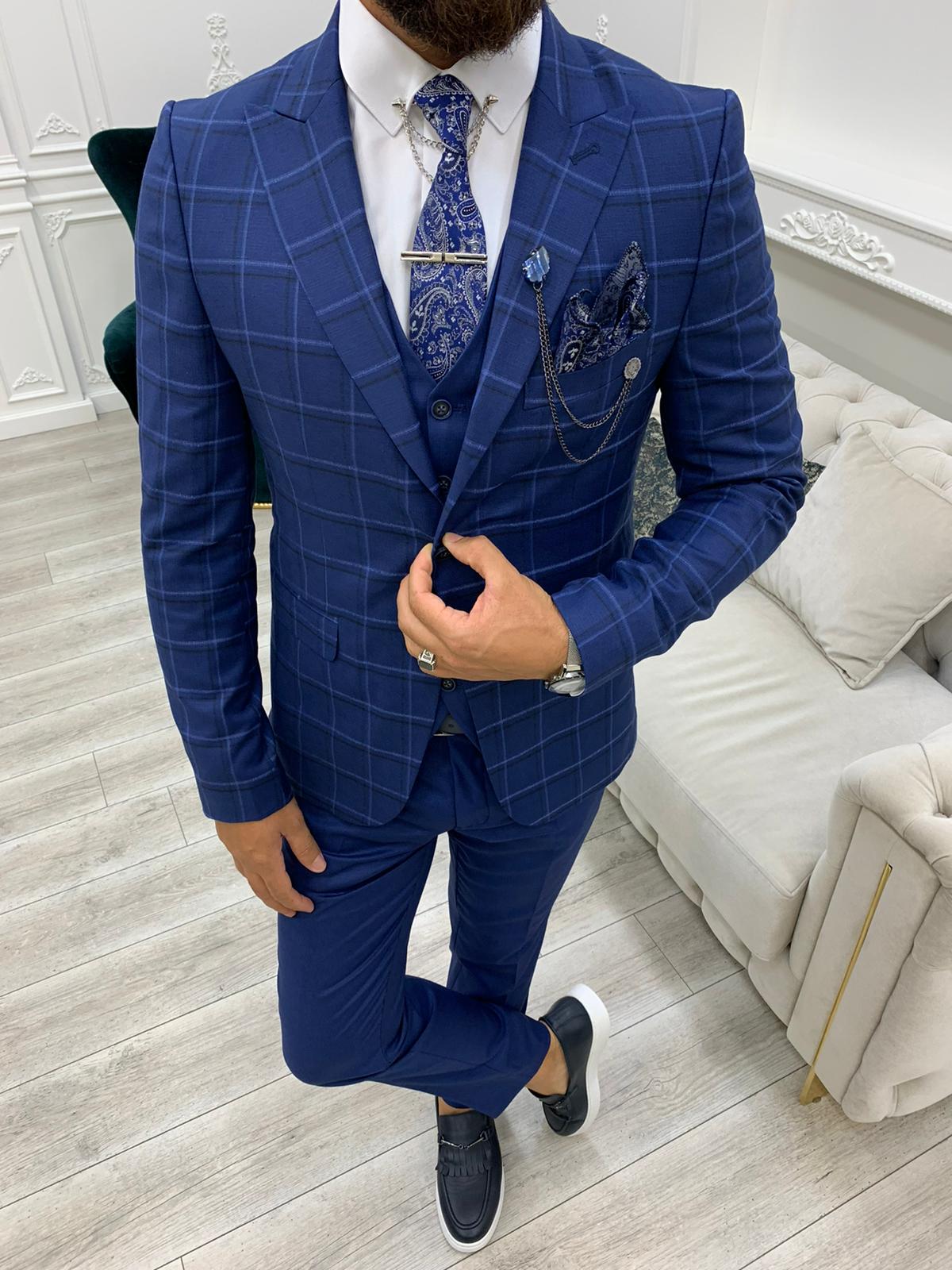 Olympia Indigo Slim Fit Peak Lapel Plaid Suit
