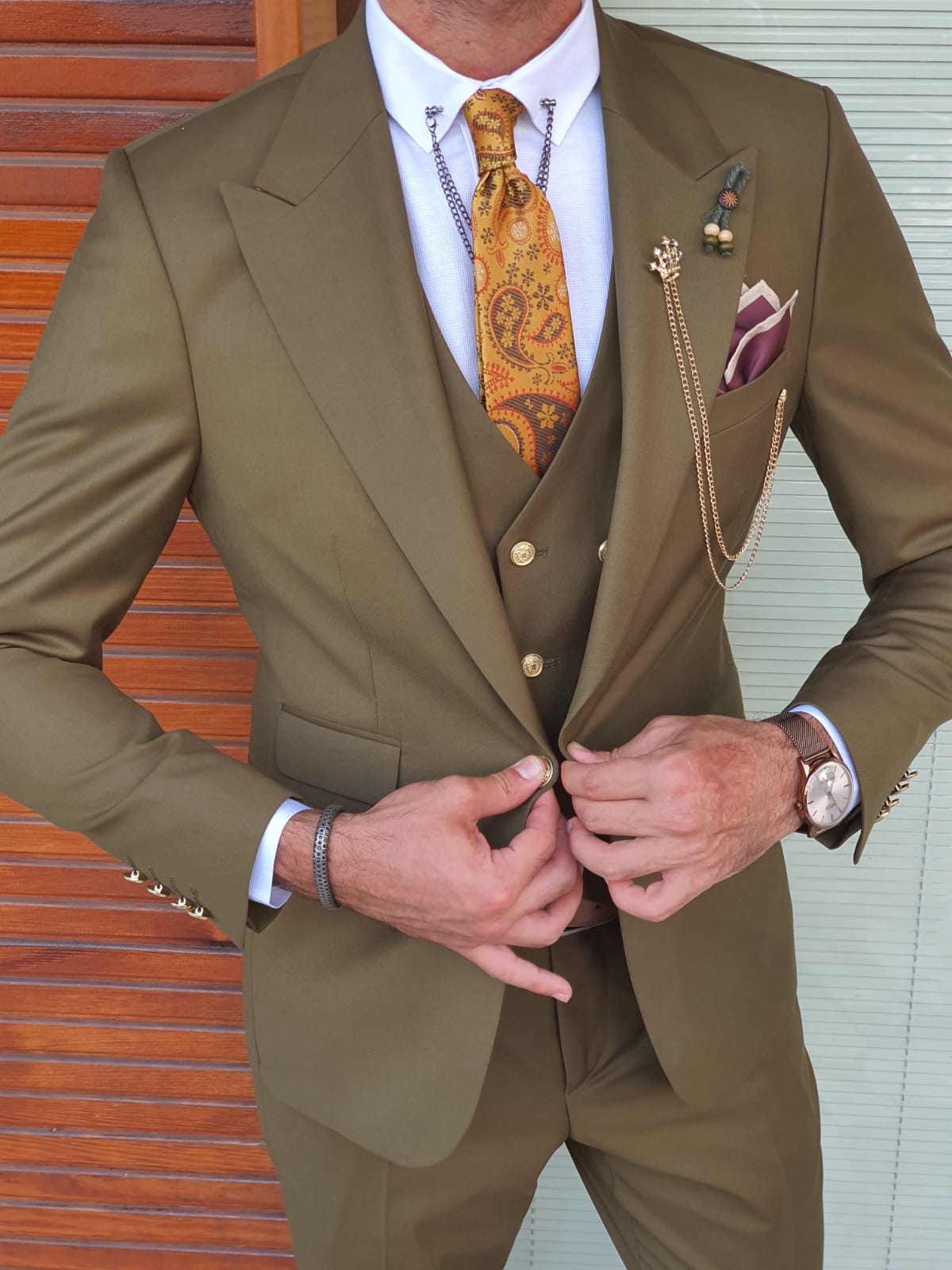 Boston Khaki Slim Fit Peak Lapel Wool Suit