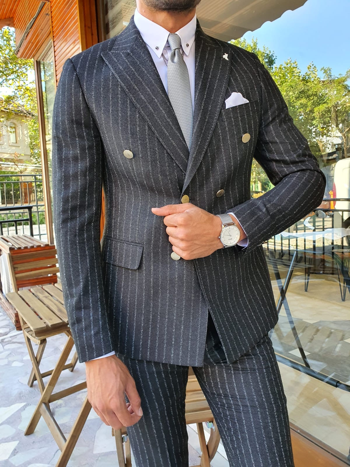 Edmond Black Slim Fit Pinstripe Double Breasted Suit