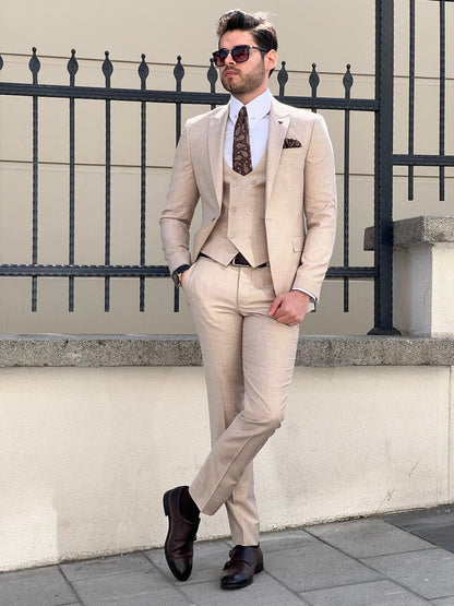 Edmond Beige Slim Fit Peak Lapel Wool Suit