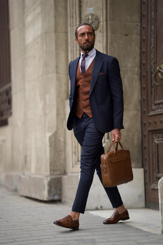 Sorento Dark Blue Slim Fit Pinstripe Combination Suit