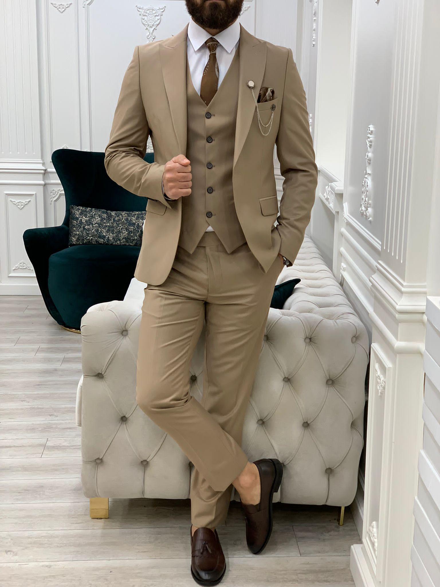 Beige Slim Fit 2 Piece Peak Lapel Suit for Men by