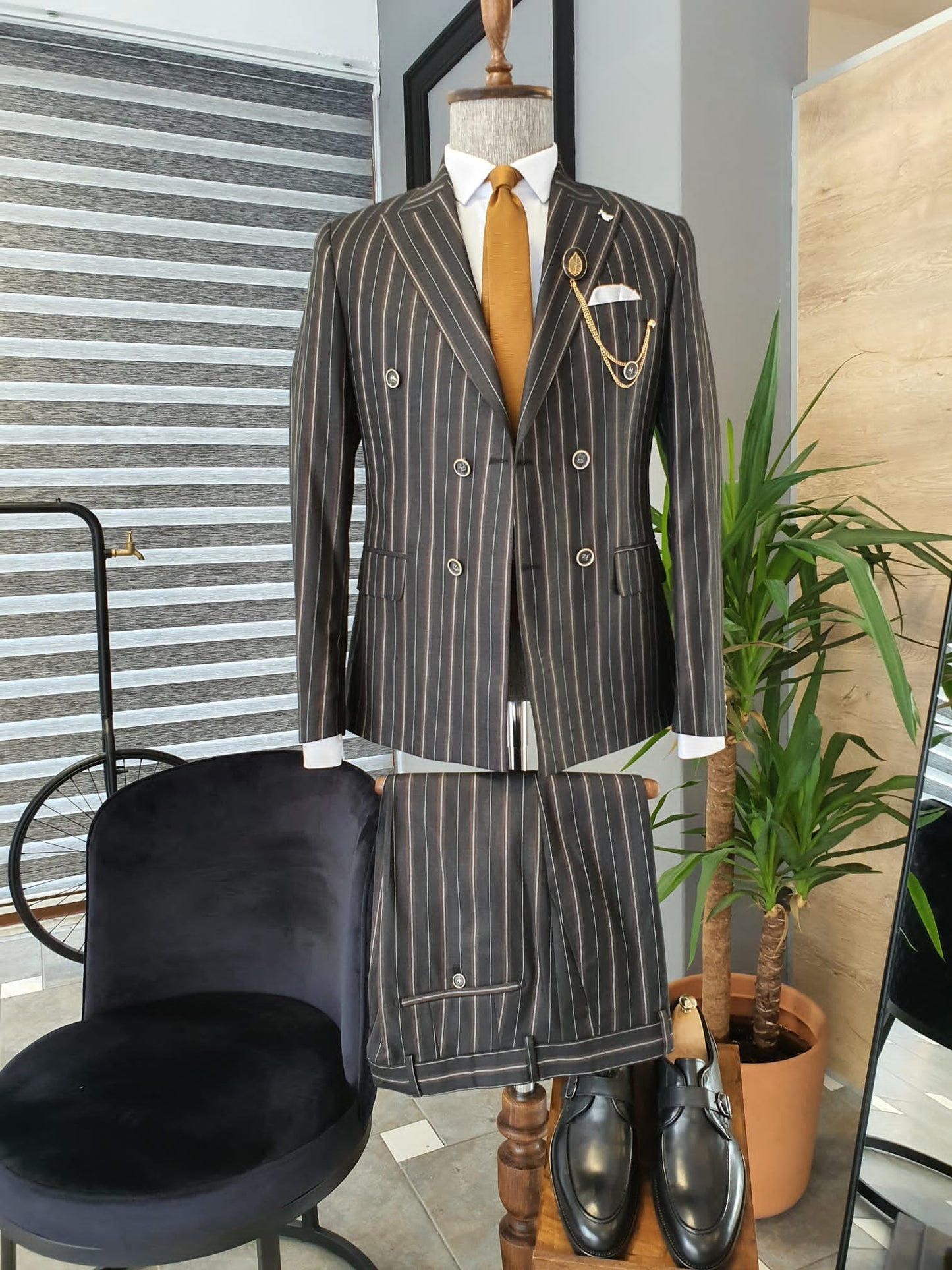 Berton Black Slim Fit Double Breasted Pinstripe Suit