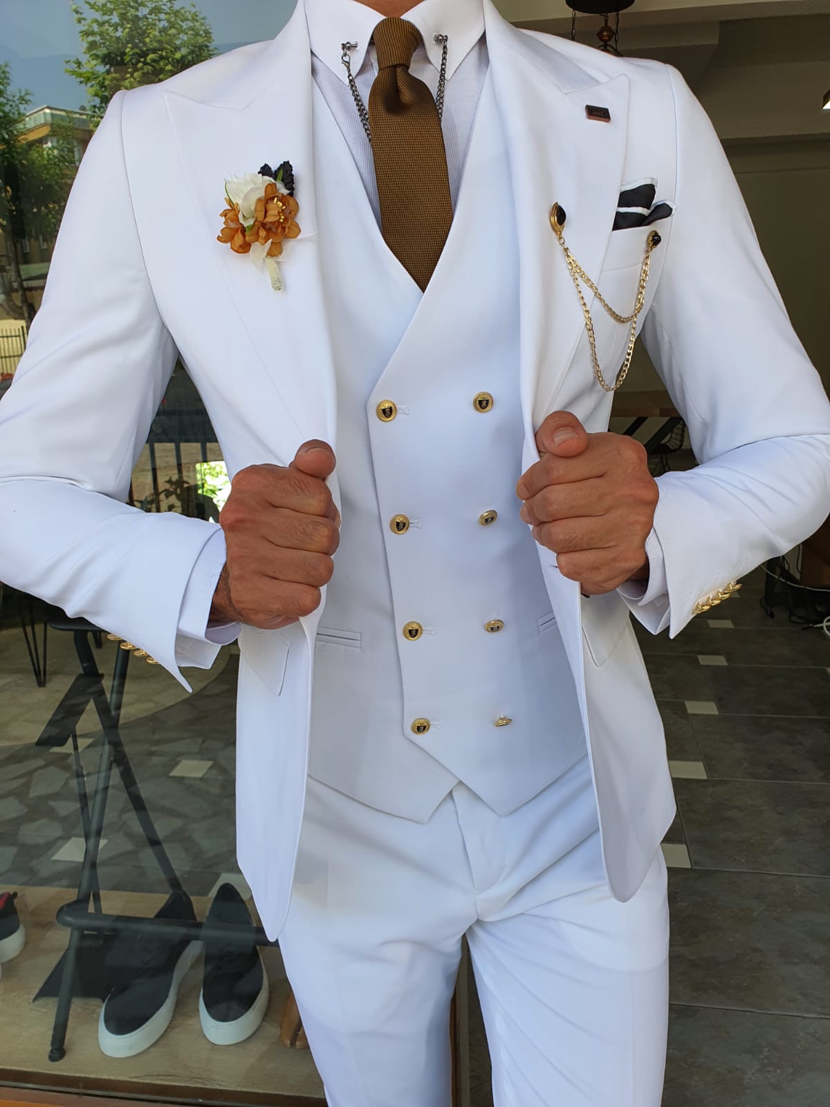 Boston White Slim Fit Peak Lapel Wool Suit