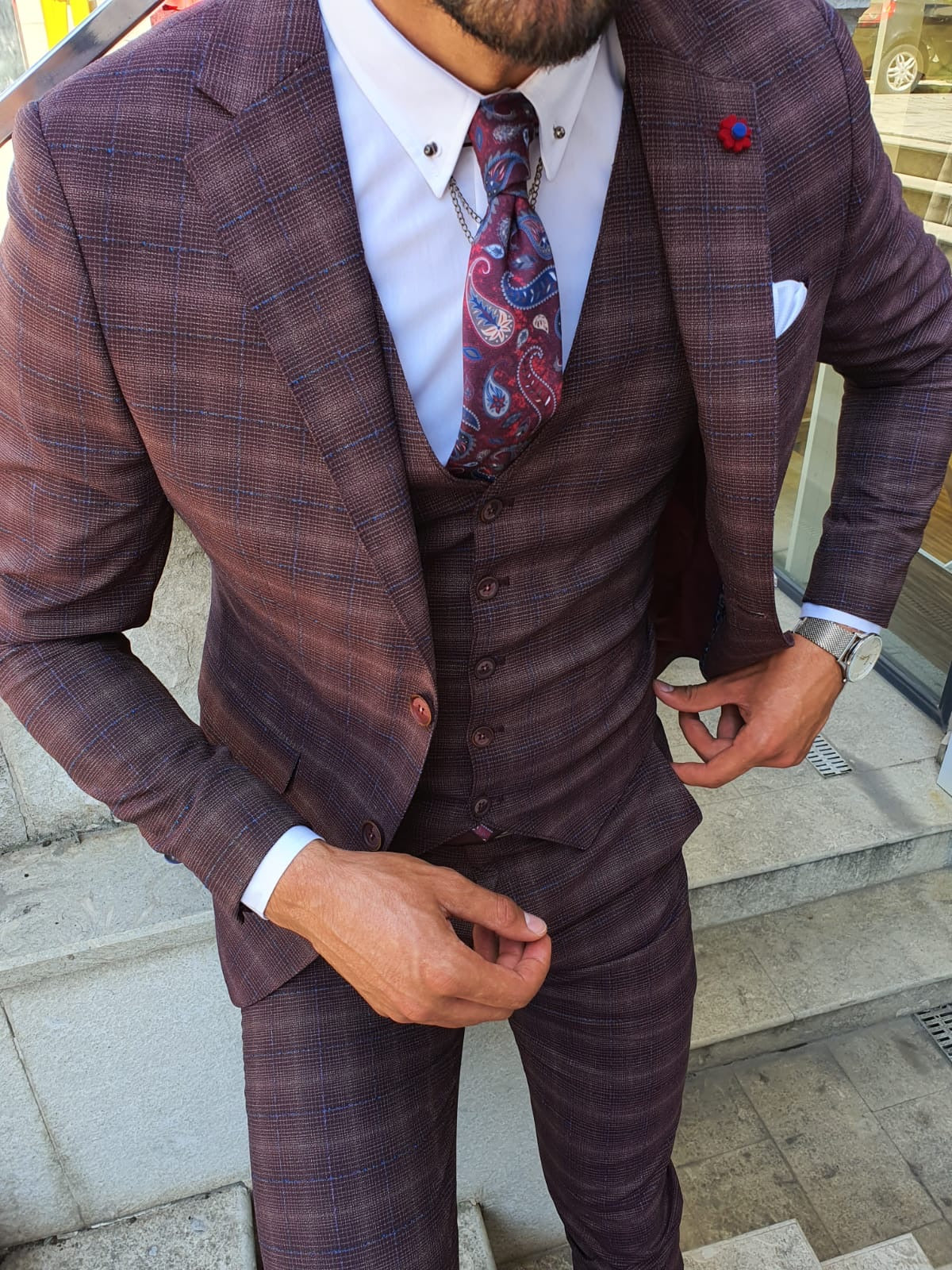 Orem Burgundy Slim Fit Plaid Suit – BRABION