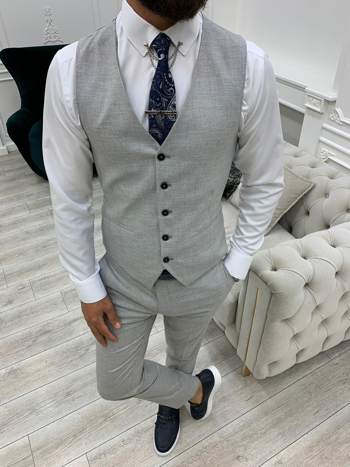 Olympia Gray Slim Fit Peak Lapel Plaid Suit