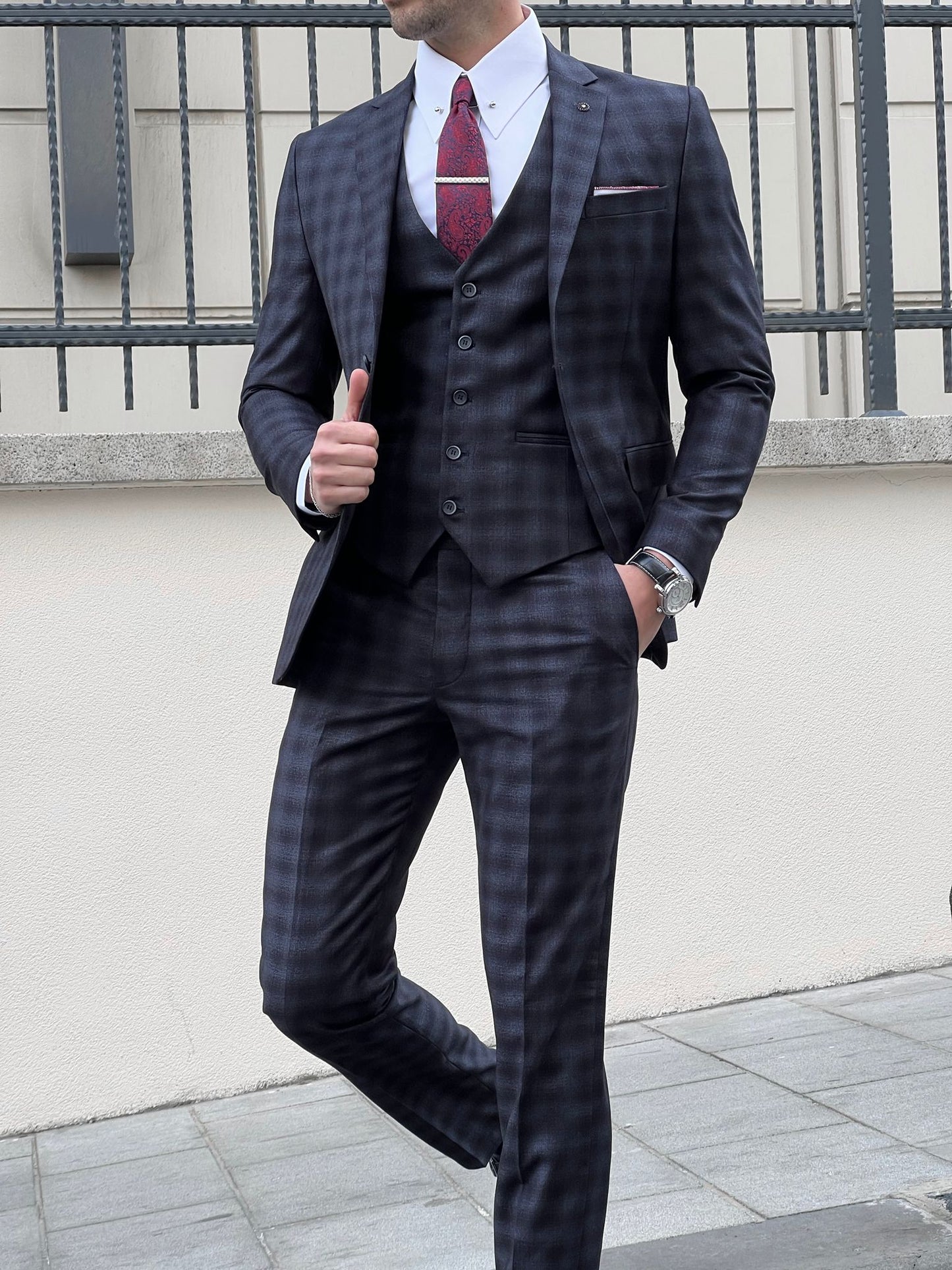 Fabio Navy Blue Plaid Slim Fit Woolen Suit