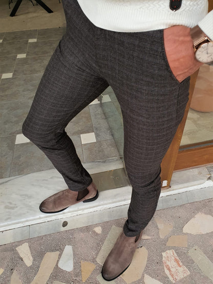 Henderson Brown Slim Fit Plaid Cotton Pants