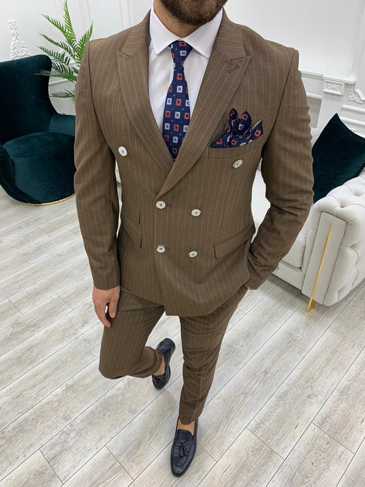 Milano Brown Slim Fit Double Breasted Pinstripe Suit