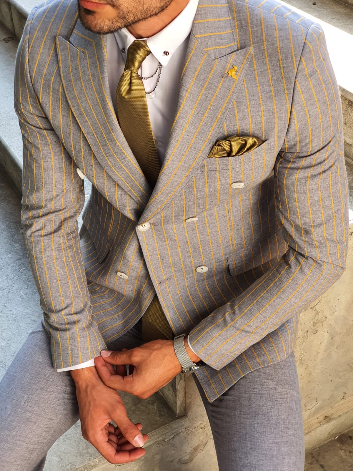 Richard Yellow Striped Double Breasted Suit