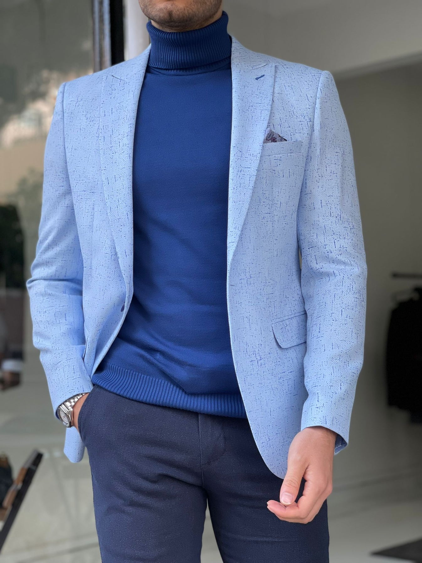 Remy Blue Slim Fit Patterned Linen Blazer – BRABION